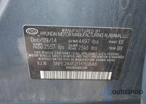 2015 Hyundai Sonata Se из США, поврежденный, VIN 5NPE24AF2FH150648